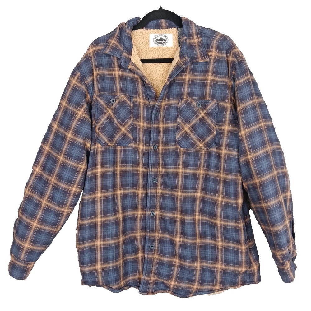 Wrangler Mens Sherpa Lined Button Up Flannel Shirt Shacket Blue Plaid Large